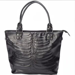 NWT Large Black Faux Leather Sinister Ribcage Embossed Gothic Shoulder Tote Bag